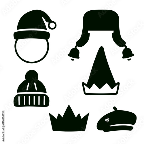 Vector art of collection of festive winter hats silhouette, including santa, elf, crown, and beret hat for holiday designs