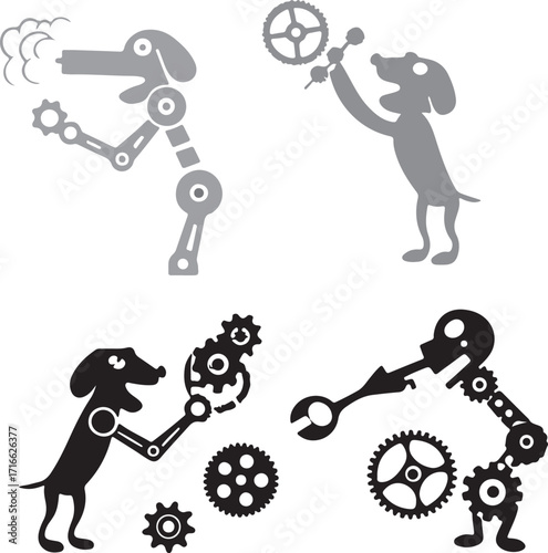 Four stylized illustrations of robotic dogs and mechanical elements like gears and wrenches, in grey and black on a white background