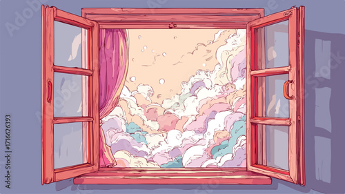 Whimsical Cartoon Vector of Open Window with Curtains