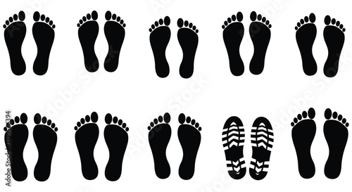 A series of black footprints depicting different sole patterns and shapes
