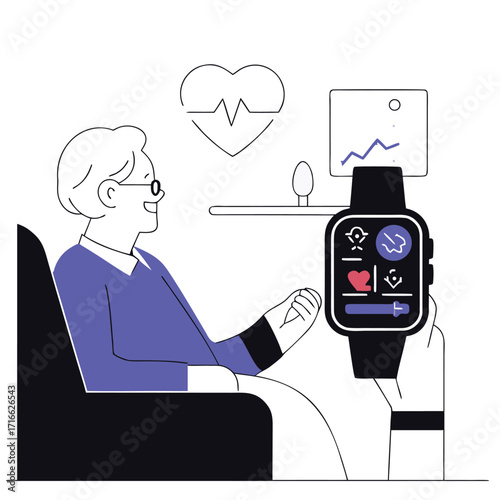 Elderly person checking health data on smartwatch promoting wellness and technology for seniors at h