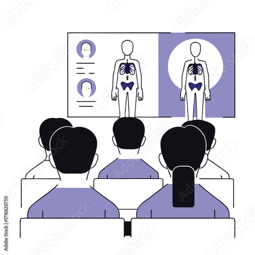 Instructor presenting human anatomy to a class illustrating the endocrine and respiratory systems pr