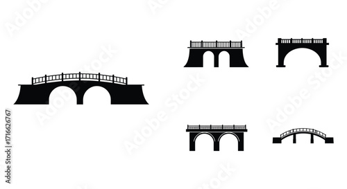 Collection of black and white silhouette illustrations depicting various bridge designs