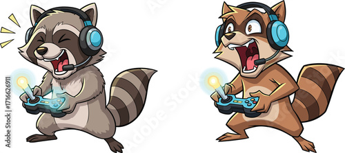 Cartoon raccoon gamer characters, headset animals, joystick, video game mascot, esports streaming, cute wildlife illustration, fun gaming avatar design