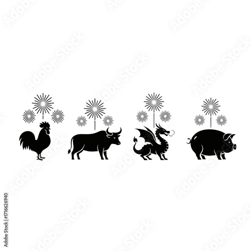 Vector art of chinese zodiac animals rooster, ox, dragon, and pig with fireworks, celebrating the lunar new year