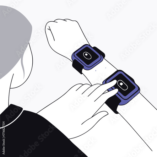 Person using two smartwatches one on each wrist a modern technology concept