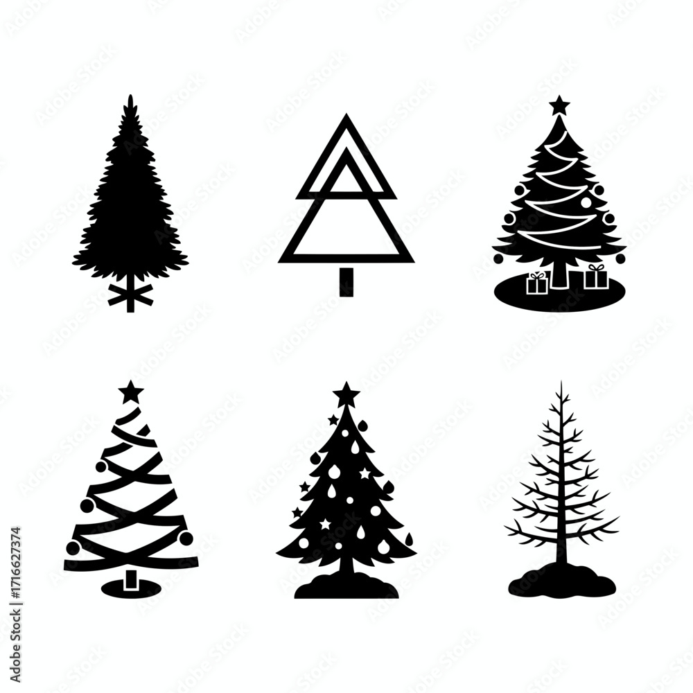 Obraz premium Vector art of christmas tree silhouette collection set of different christmas trees with gifts and decorations for holiday design