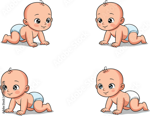 Cute baby crawling cartoon illustration, infant in diaper on floor, adorable child character design, toddler activity, happy newborn clipart