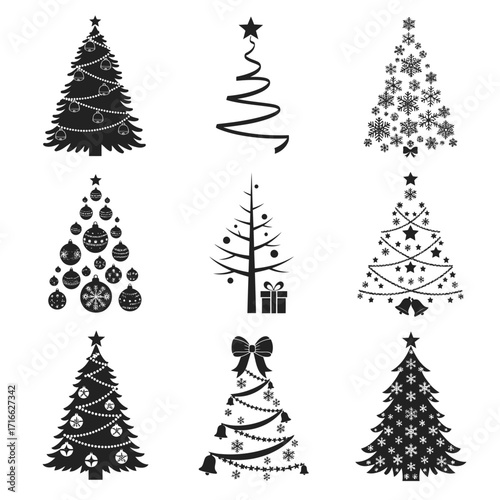 Vector art of set of christmas tree silhouettes, featuring festive decorations and ornaments for holiday design elements in vector format