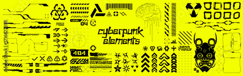 Futuristic cyberpunk interface elements for GUI, UI, UX, KIT. Futuristic user interface graphic box for UI game. Digital lines, Arrows, Callouts titles, Circle HUD, frames, panels, bar labels. Vector