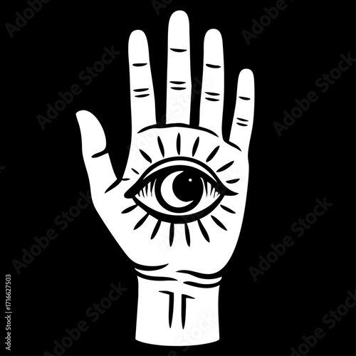 : Black and white vector illustration of a palmistry hand with an eye symbol.