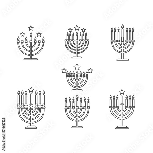 Vector art of set of hanukkah menorah icons, traditional jewish holiday symbols, candle holder with star of david sign