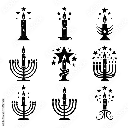 Vector art of collection of hanukkah candle icons, traditional jewish holiday symbols, candle holder with star of david sign