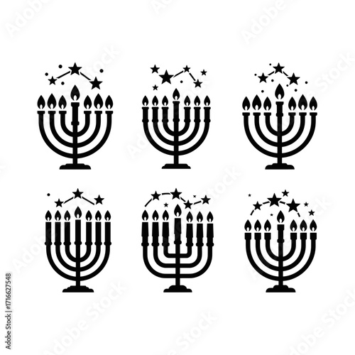 Vector art of set of six black and white hanukkah menorah icons, each with a unique design and star decorations