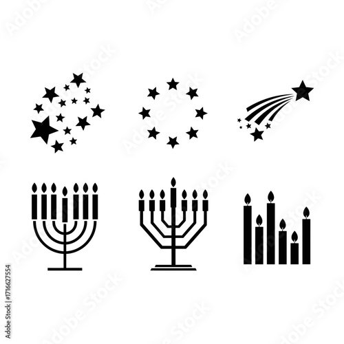 Vector art of set of hanukkah candle and star icons, traditional jewish holiday symbols, candle holder with star of david sign