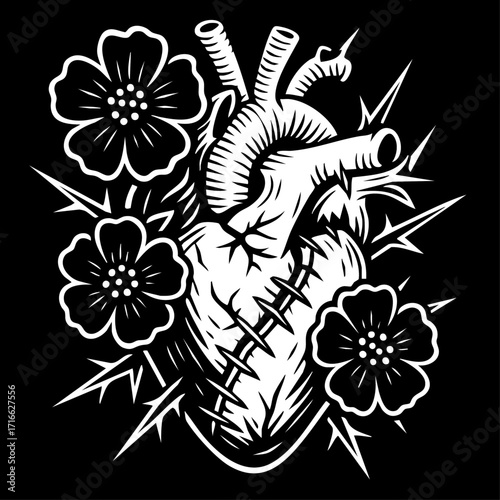 Black and white vector illustration of a heart with a scar, surrounded by thorns and flowers.