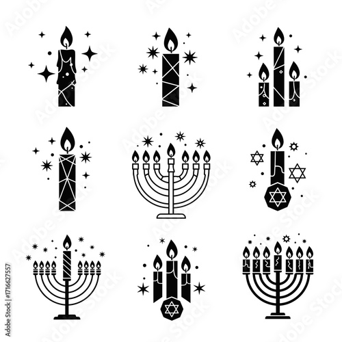 Vector art of collection of nine black and white hanukkah candle and menorah icons, each with a unique design