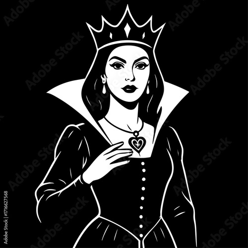 Black and white vector illustration of an evil queen wearing a crown.