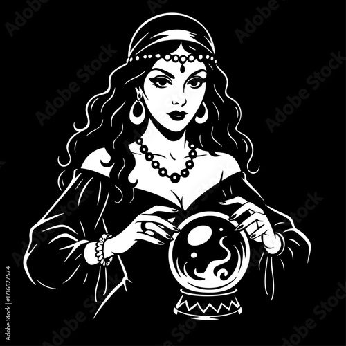Black and white vector illustration of a fortune teller woman holding a crystal ball