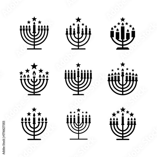 Vector art of set of nine black and white hanukkah menorah icons, each with a unique design and star