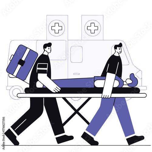 Two paramedics carry a patient on a stretcher towards an ambulance symbolizing urgent medical care a