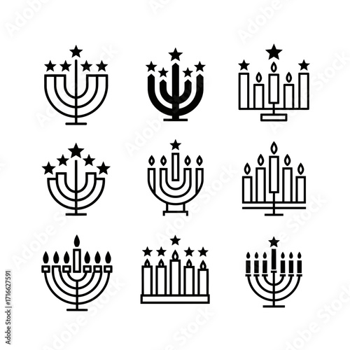 Vector art of set of hanukkah menorah icons collection of traditional jewish holiday symbols in modern outline style
