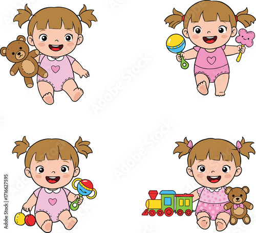 Cute baby girl cartoon playing with teddy bear, rattle toy, train, happy child character, childhood fun, nursery design, kids illustration