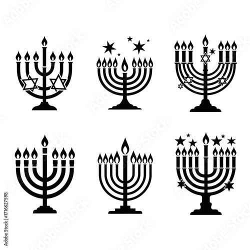 Vector art of hanukkah menorah icon set collection of traditional jewish symbols for the festival of lights celebration