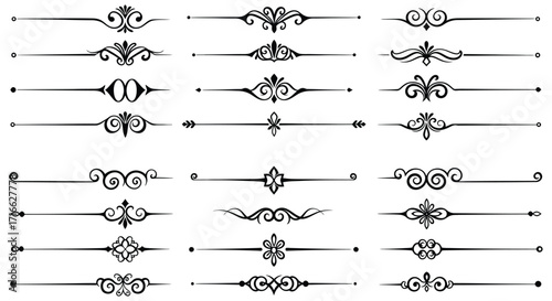 Collection of intricate ornamental dividers and flourishes in black and white