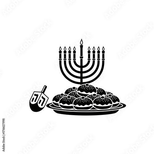 Vector art of hanukkah menorah and sufganiyot, celebrating the festival of lights with traditional jewish doughnuts and the dreidel game