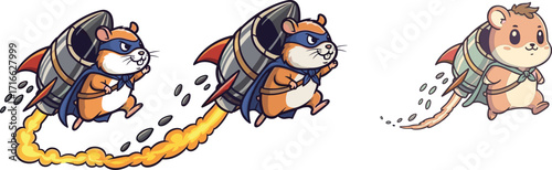 Cute cartoon hamsters flying with jetpacks, superhero animals in capes, funny rodent illustration, adorable space adventure, futuristic pet character design