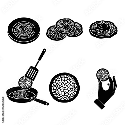 Vector art of black and white vector illustration of potato pancake preparation and serving traditional dish icon set