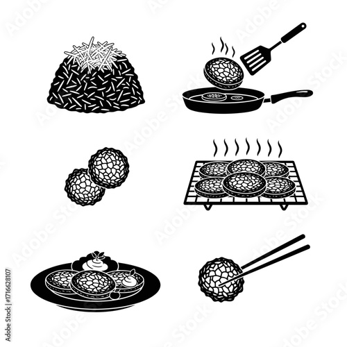 Vector art of black and white vector illustration of potato pancake preparation and serving traditional dish icon set