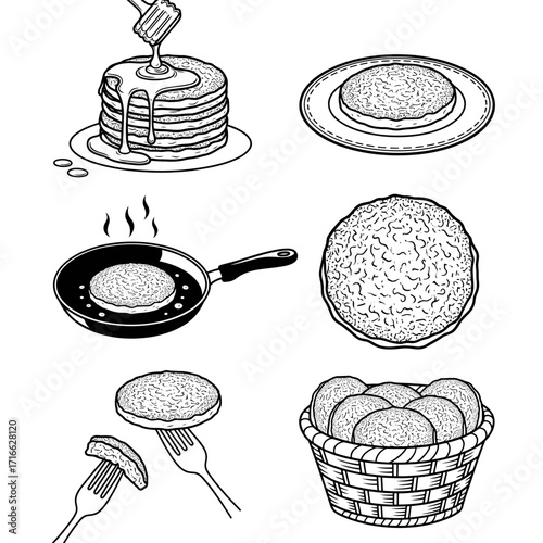 Vector art of black and white vector illustration of potato pancake preparation and serving traditional dish icon set