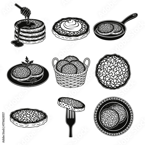 Vector art of illustration set of potato pancakes traditional belarusian or ukrainian cuisine stack of draniki with honey