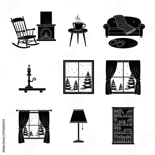Vector art of collection of cozy home icons, representing a comfortable living space with furniture, fireplace, and winter elements