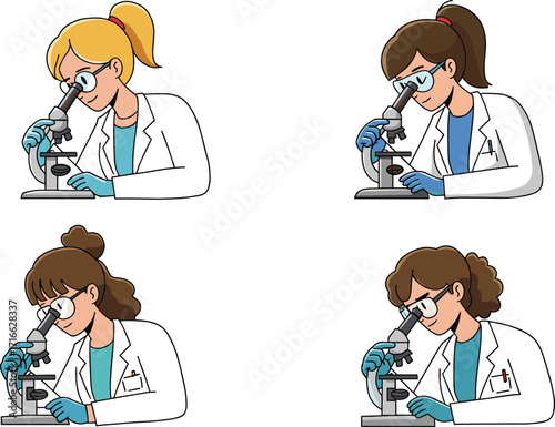 Female scientist cartoon illustration, women in lab coat working with microscope, laboratory research, medical science, biology, chemistry education clipart
