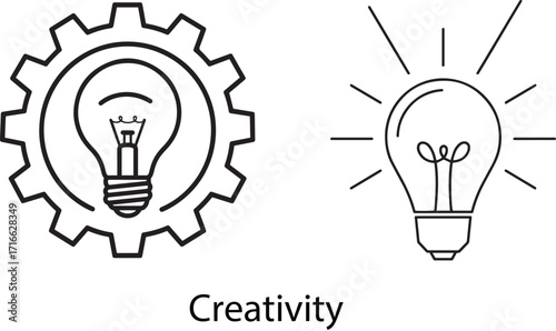 Creative Thinking Process with Light Bulb and Gear Mechanism Outline Illustration