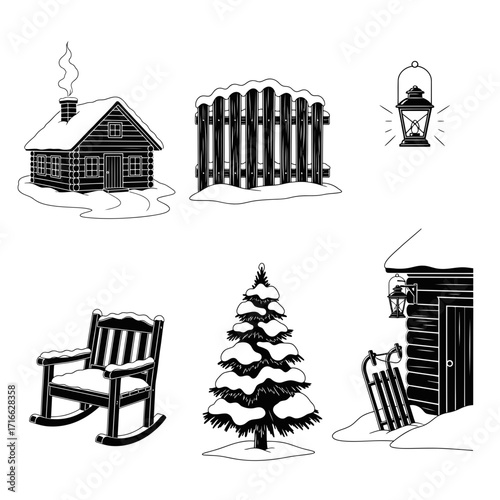 Vector art of collection of winter cabin icons, representing a snowy landscape with a house, fence, tree, and rocking chair
