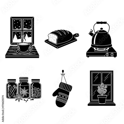 Vector art of collection of cozy winter elements, including a window with snow, tea, bread, spices, and a mitten