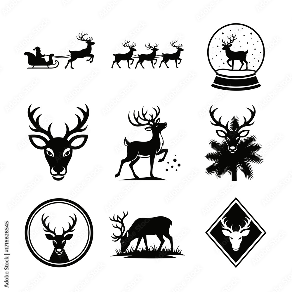 Naklejka premium Vector art of collection of vector icons depicting reindeer and christmas themes, including santas sleigh and snow globe