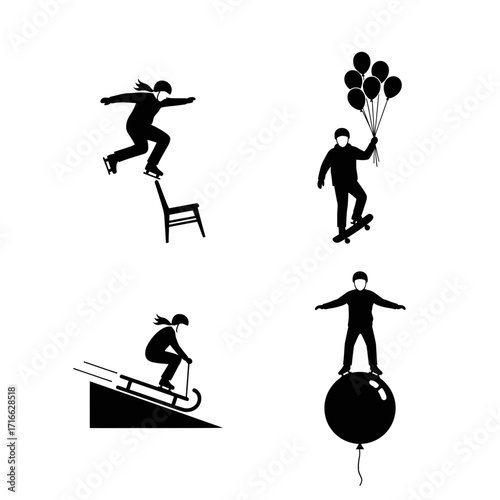 Vector art of four black silhouette icons depicting people doing stunts and tricks on various objects, showcasing balance