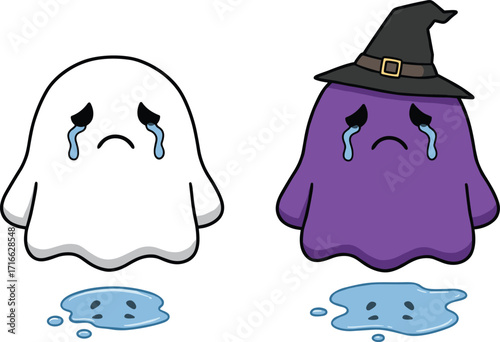 Sad crying ghost cartoon, cute Halloween spirit illustration, emotional spooky ghost art, teardrop ghost with witch hat, funny creepy clipart design