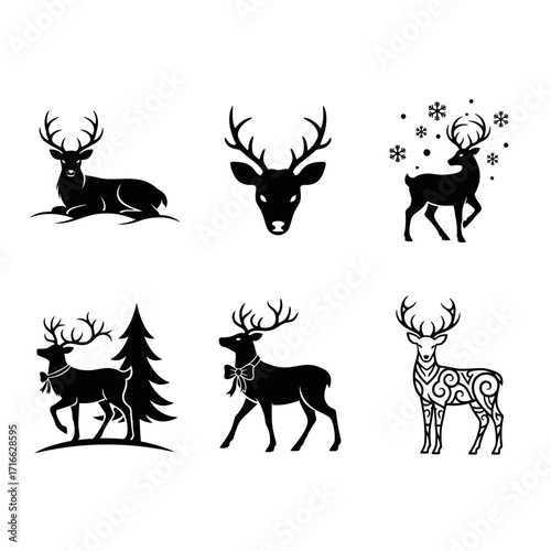 Vector art of set of christmas reindeer silhouette vector deer head and tree with snowflake for christmas decoration
