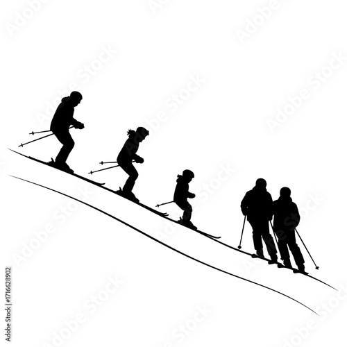 Vector art of group of skiers descending a slope, capturing the camaraderie and enjoyment of a winter adventure together