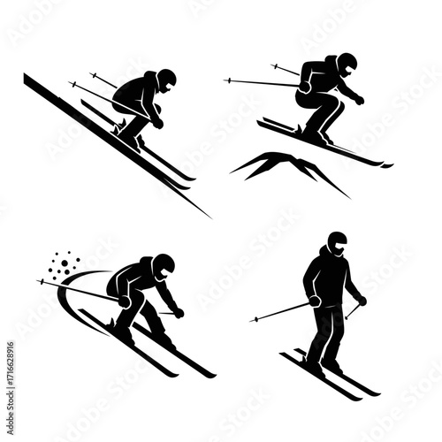 Vector art of silhouette of a skier in various action poses on a slope, shows different skiing techniques and movements