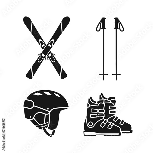 Vector art of silhouette of ski equipment, includes skis, poles, helmet, and boots, representing winter sports gear