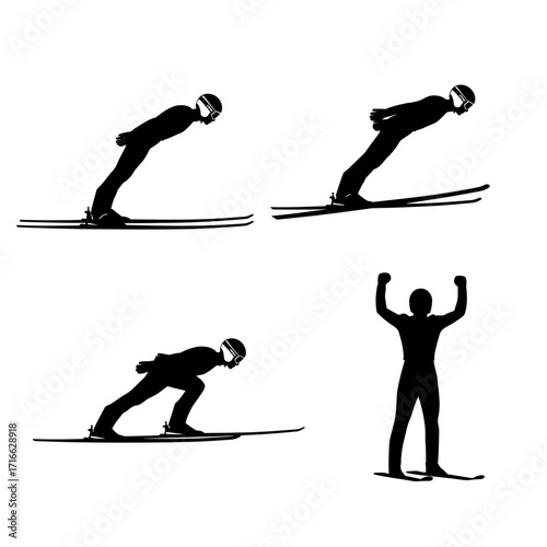 Vector art of silhouette of a ski jumper in various stages of a jump, shows preparation, flight, and landing with arms raised