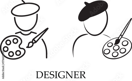 Creative Artist Profile Icon with Beret, Paint Palette, and Brush in Minimal Line Art Style
