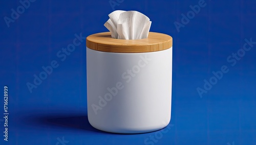 White tissue box with light brown wooden lid on a blue background